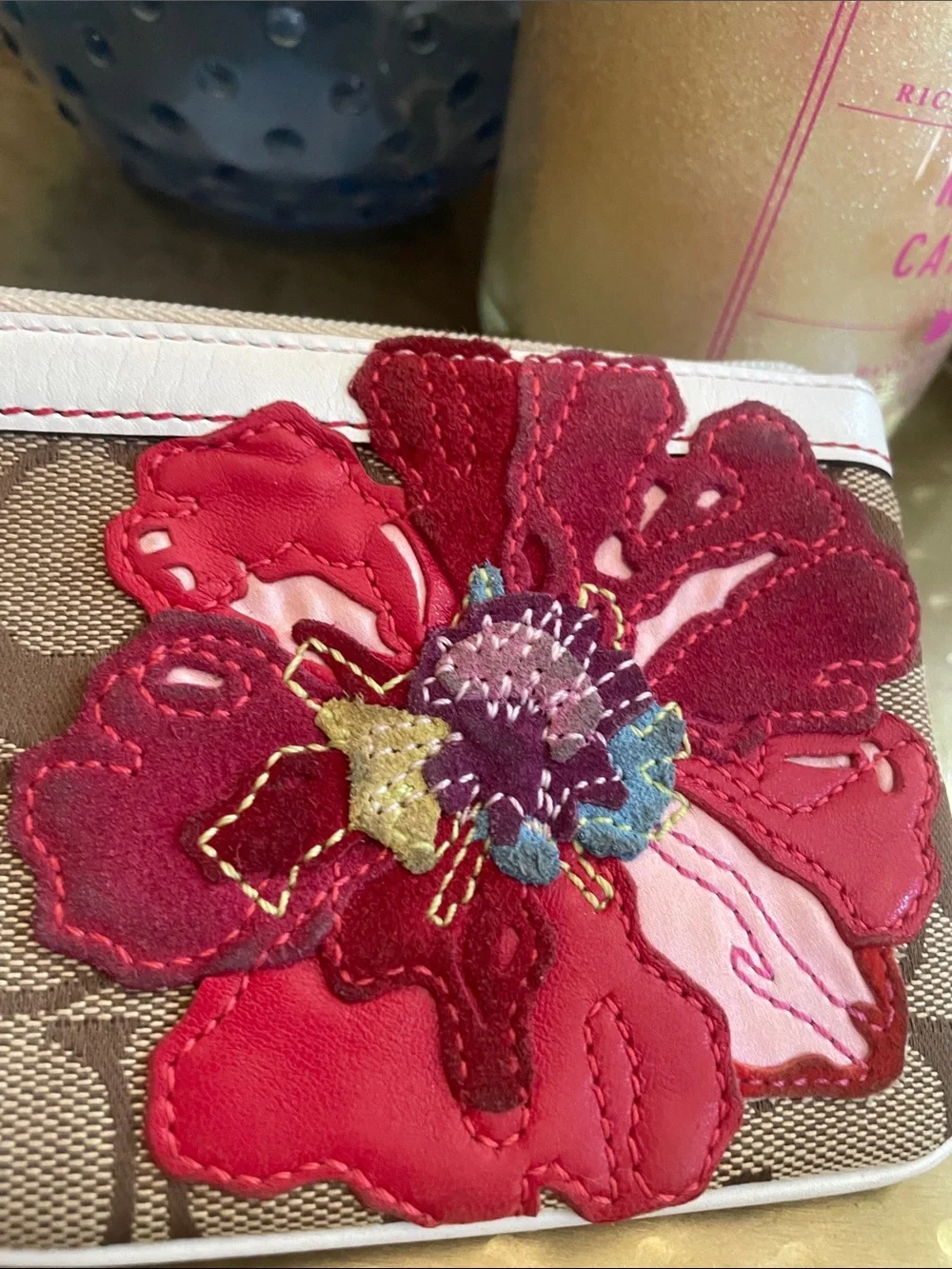 Coach Poppy Signature Floral Canvas and Leather Wristlet Floral Applique Rare